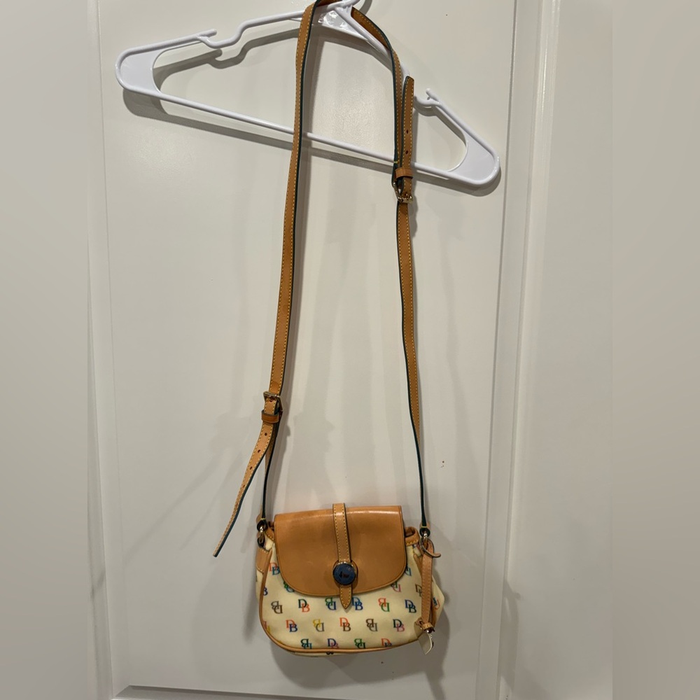 Vintage Dooney & Bourke Cream Multicolor Monogram Crossbody with Tan Leather